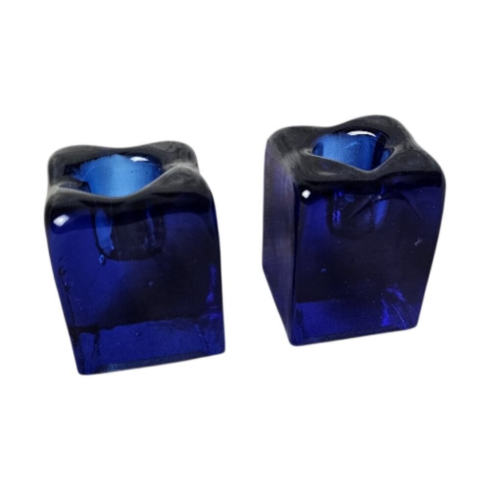 Cobalt Blenko Vintage Glass Ice Cube Taper Candlestick Holders Set